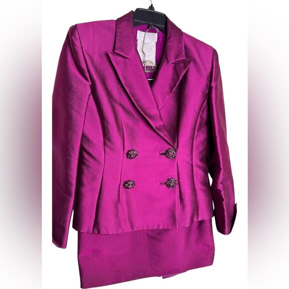 Vintage Badgley Mischka Two-Piece Satin Blend Magenta Blazer and Skirt Size 10 - Picture 3 of 13
